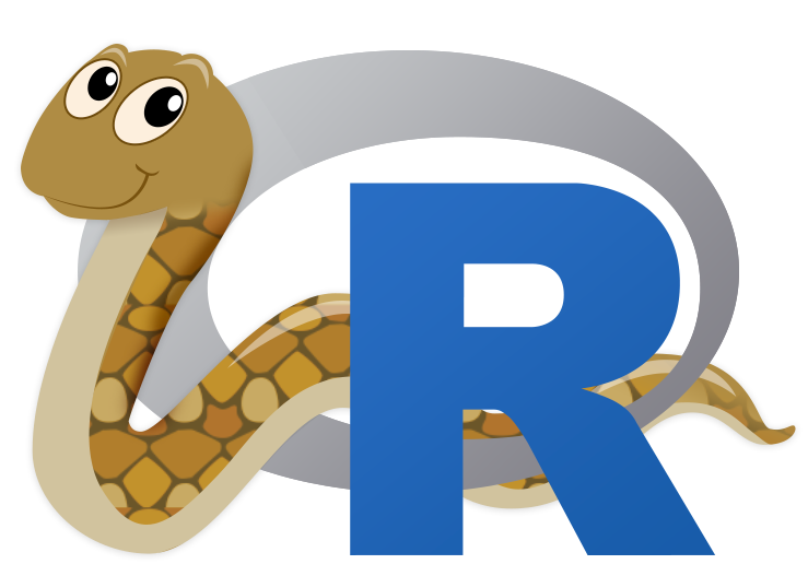 Imagem do pacote reticulate, que mostra o logo do R em azul e cinza, junto com uma cobra python com carinha feliz, representando a união das duas linguagens.