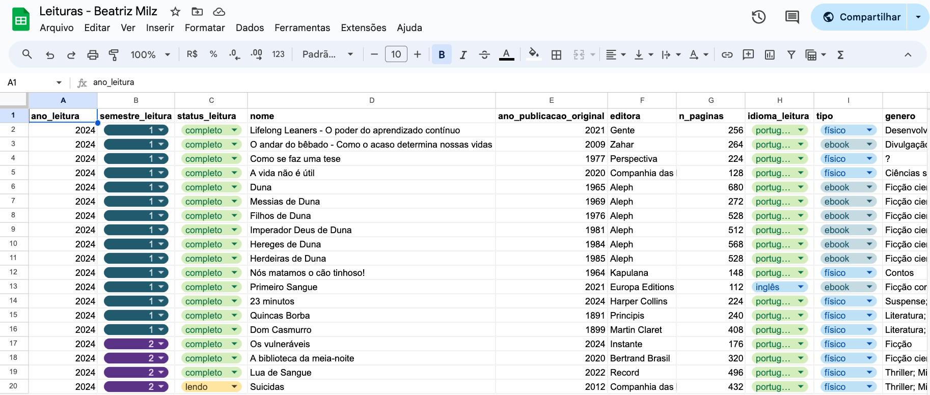 Captura de tela - Planilha do Google Sheets